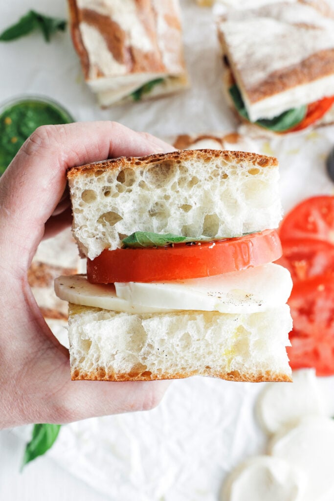 Side view of a captrese sandwich