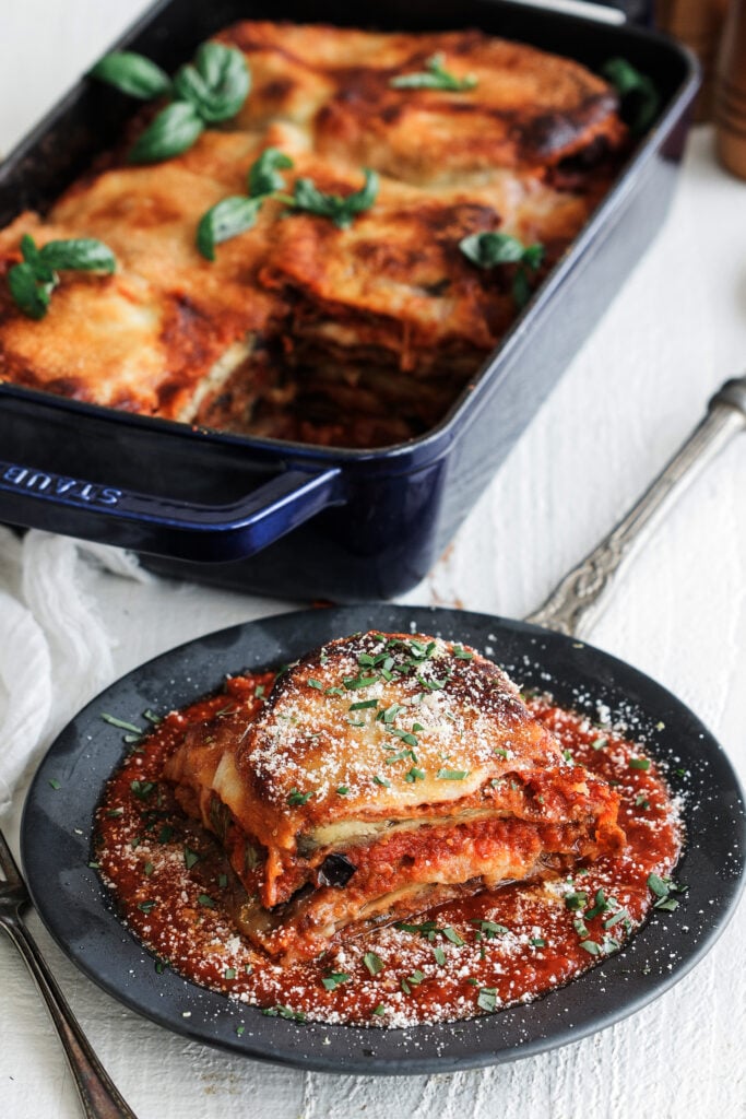 a portion of eggplant parmesan served 