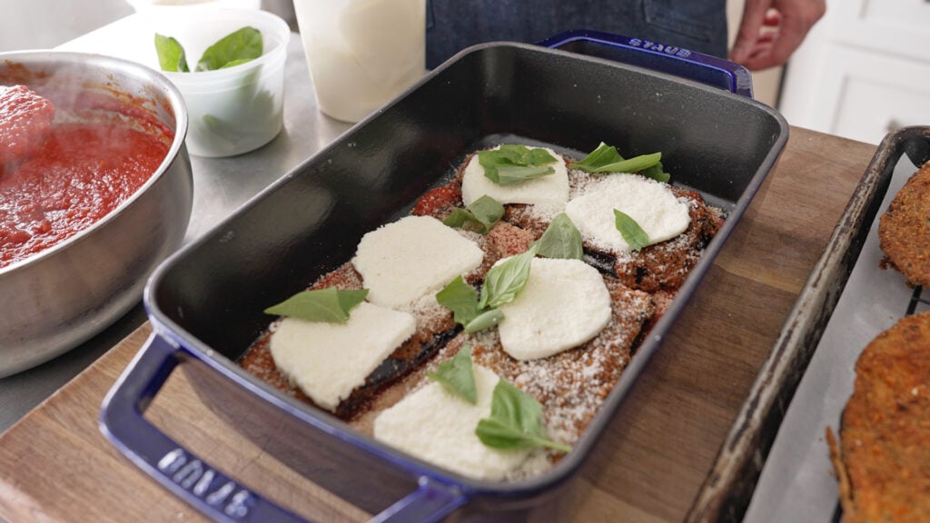 eggplant parmesan casserole ready to bake