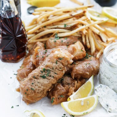 fish and chips with tartar sauce and lemon