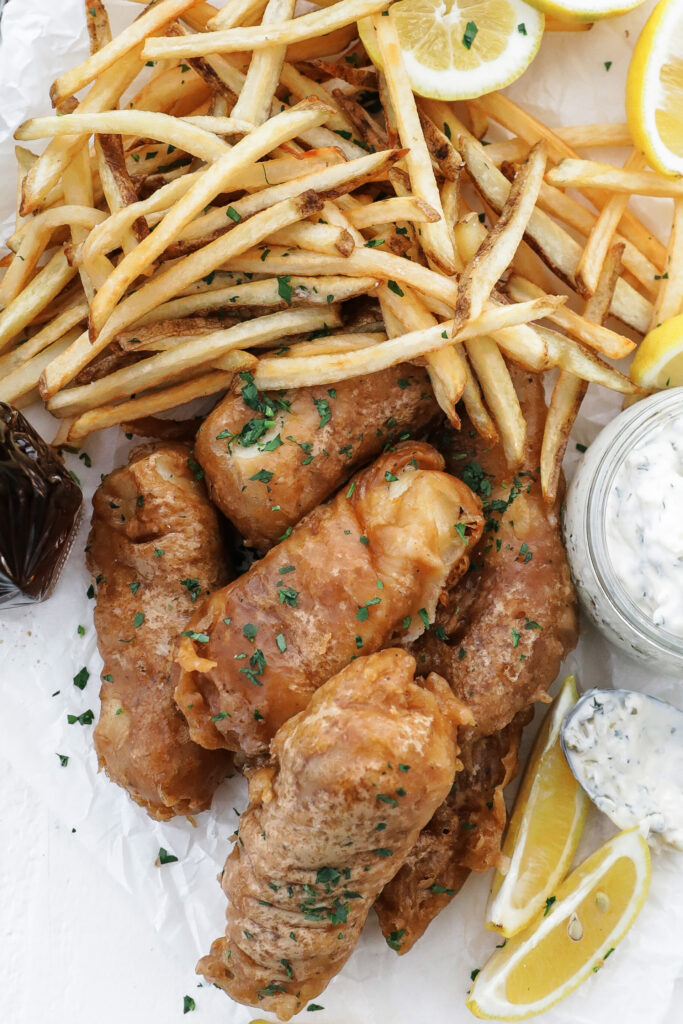 fish and chips with tartar sauce and lemon