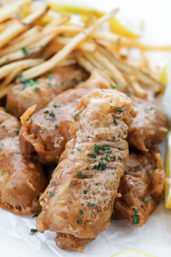 fish and chips with tartar sauce and lemon