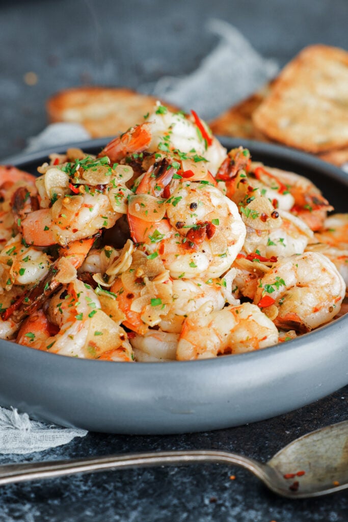 Gambas al ajillo in a serving bowl