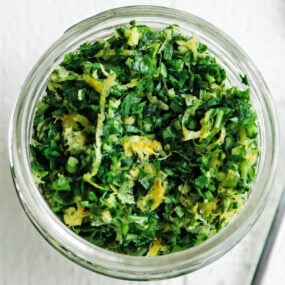 jar of gremolata with parsley and lemon