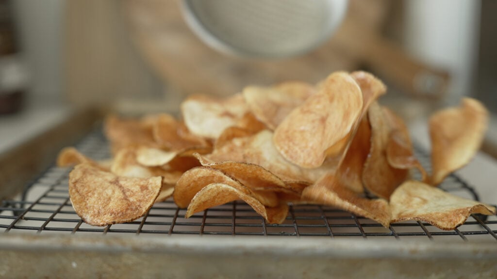 Fried chips on a wire rack