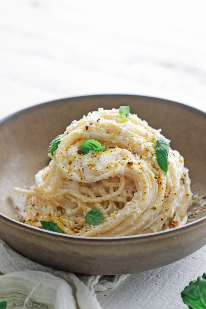 Lemon ricotta pasta in a serving bowl
