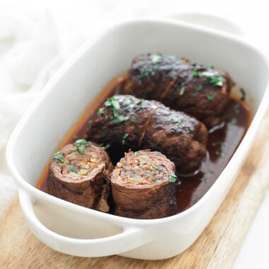 beef rouladen in a serving dish