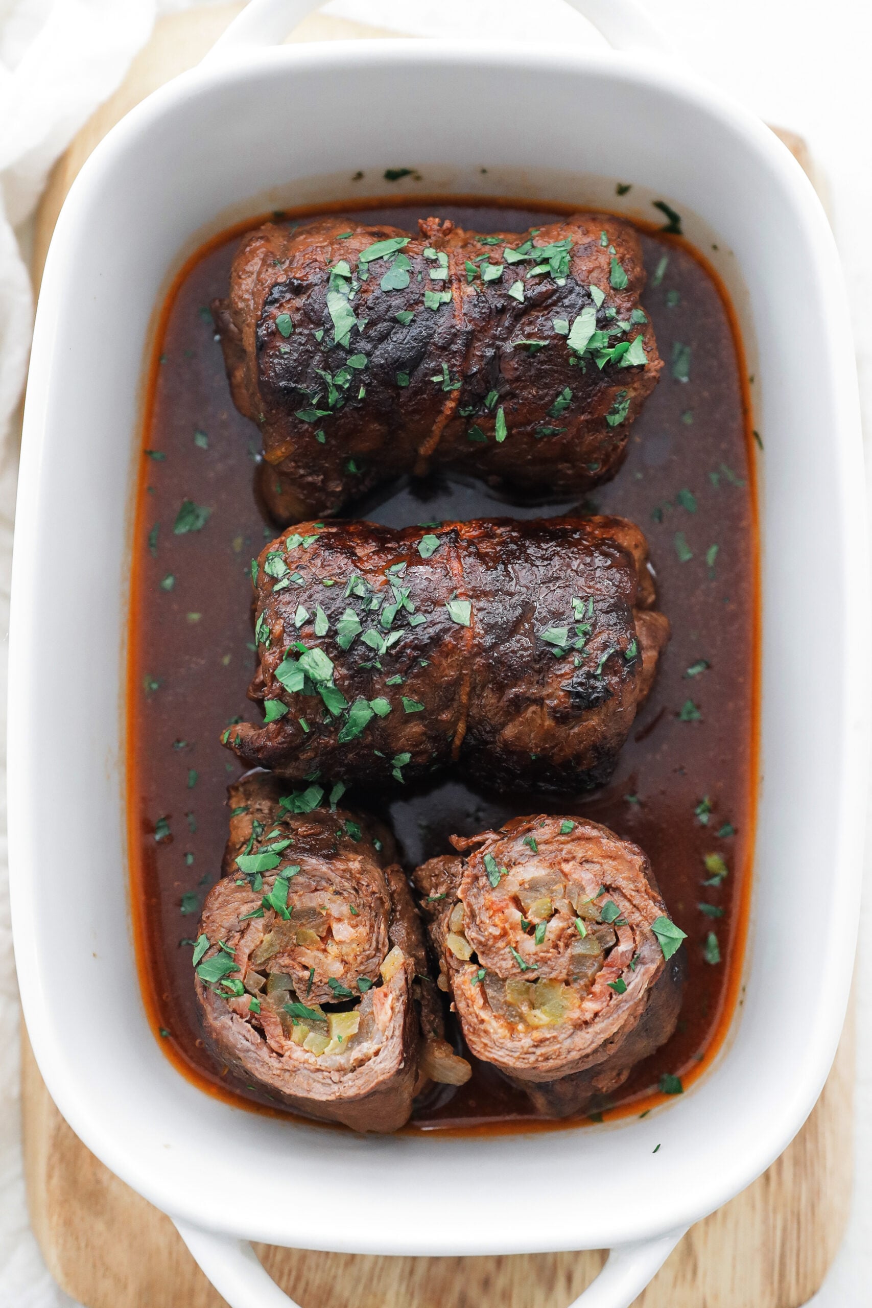 beef rouladen in a serving dish
