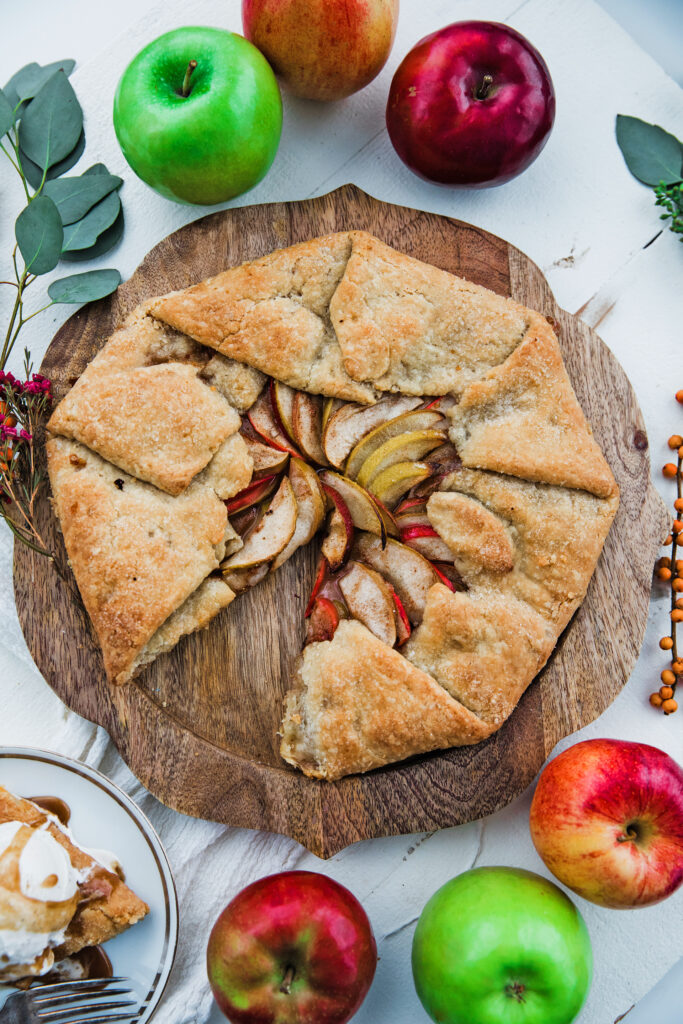 slice of apple galette with caramel and ice cream