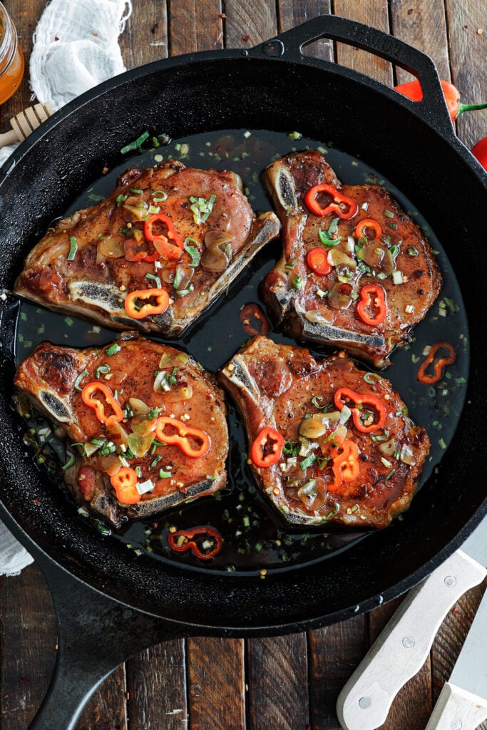 Honey Garlic Pork Chops in a skillet