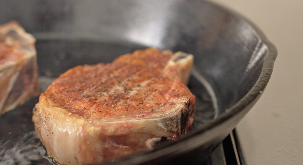 searing the sides of pork chops
