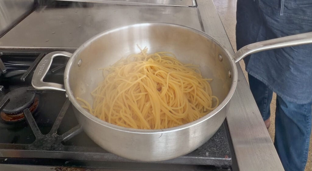 cooked pasta in a pan