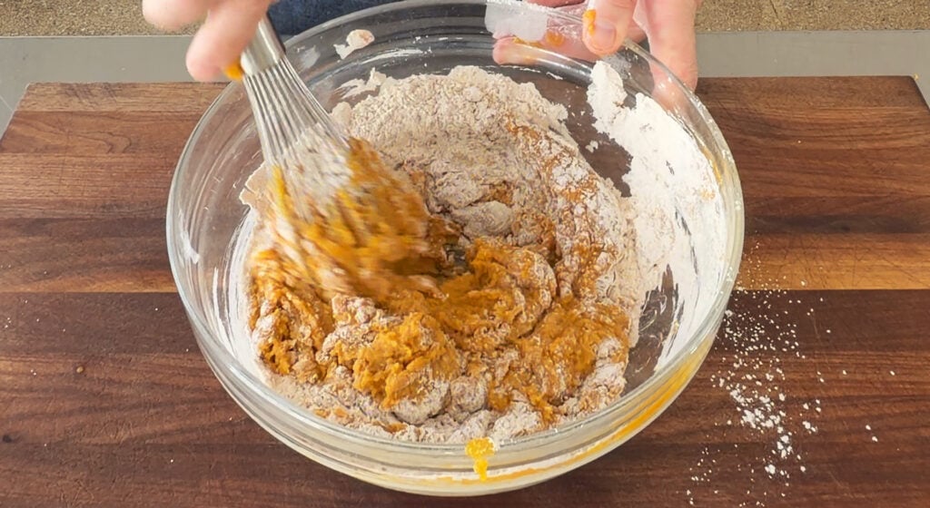 combining wet and dry ingredients in a bow