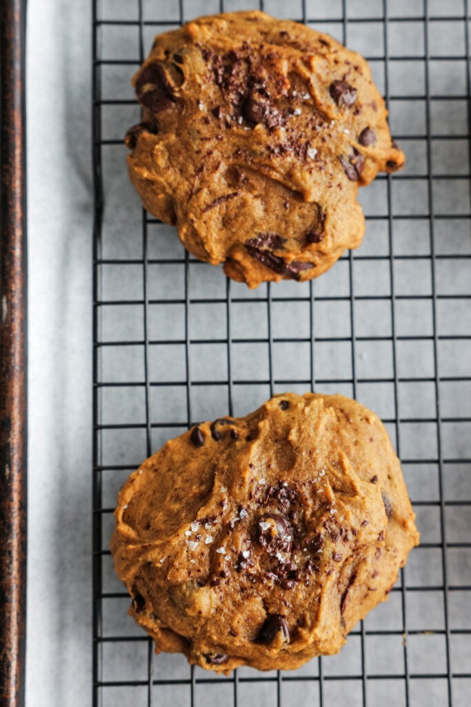 two Pumpkin chocolate chip cookies on a tray