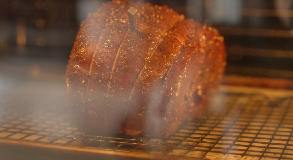reverse searing the sirloin tip roast in the oven with a thermometer