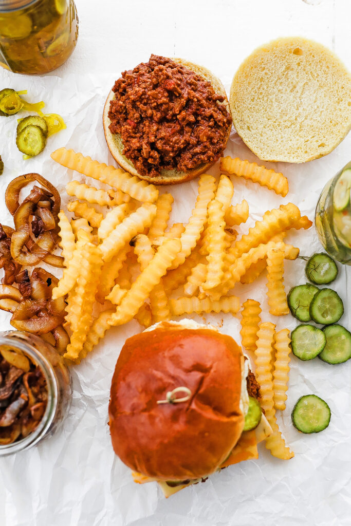 sloppy joe with fries and toppings