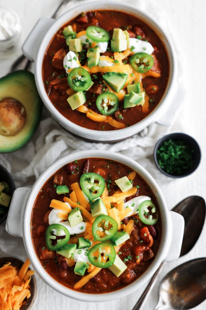 two bowls of steak chili