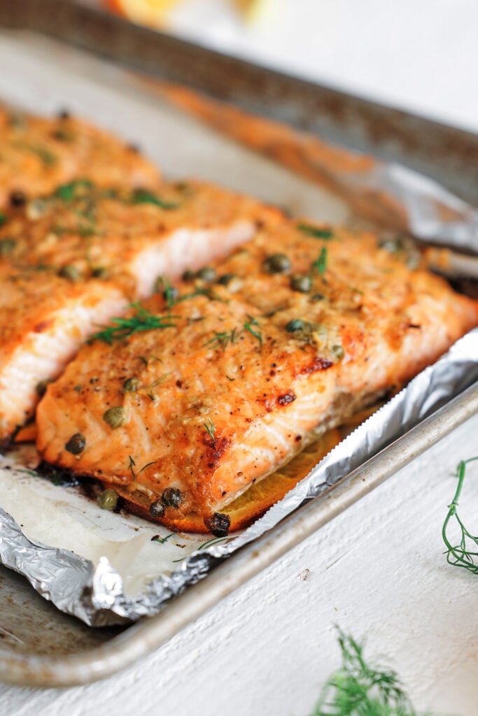 baked salmon on baking tray