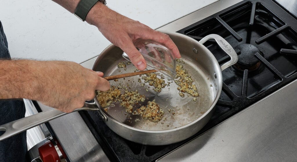 garlic browning in a saucepan