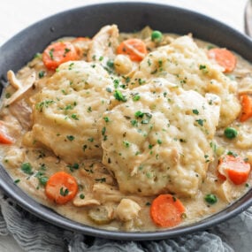 Chicken and Dumplings served on a plate