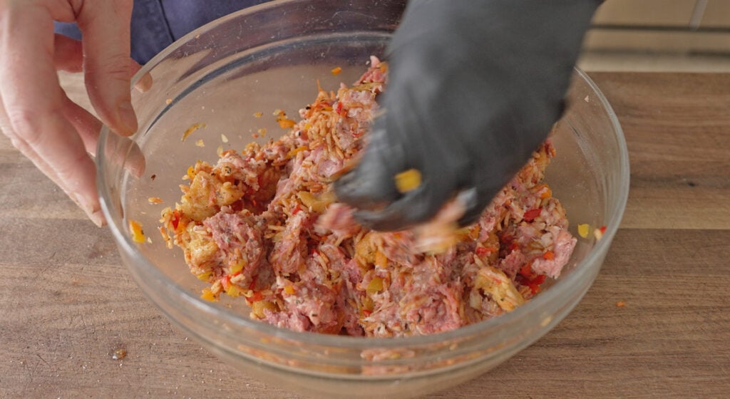 ground beef and pork folded into the rice and vegetable stuffing