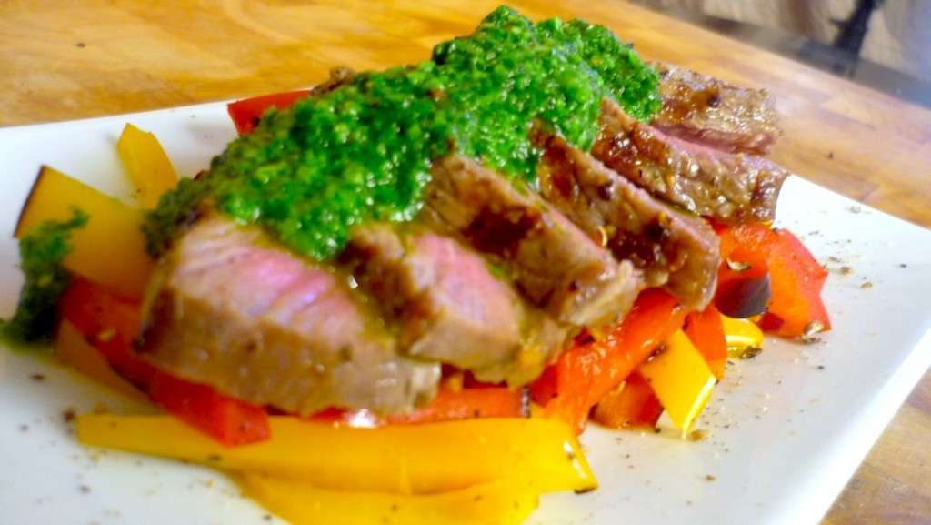 Grilled Steak with Chimichurri Sauce & Roasted Peppers