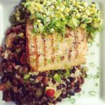 Grilled Salmon with Rice and Beans and Corn Salsa