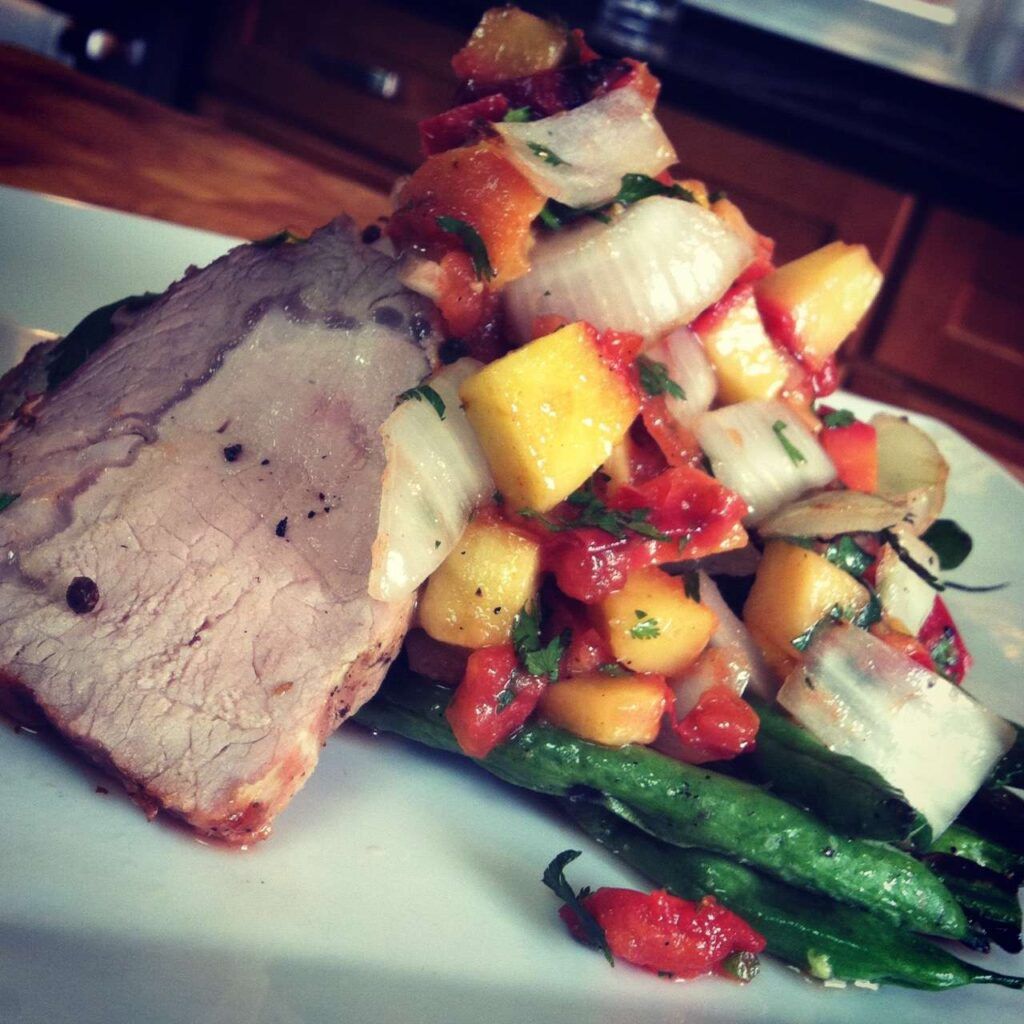 Coriander Pork Loin Recipe with Roasted Peach Salsa