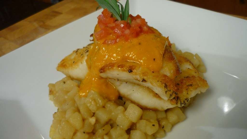 Herb Potato Risotto with Sea Bass and Tomato Coulis